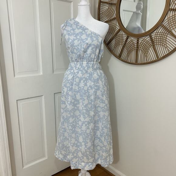 One Shoulder Midi Dress Cotton Garden Beachy Lt Blue Coastal Free Assembly Sz M - Picture 1 of 6
